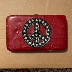 Retro Faux Red Rhinestone Peace Design Thin Card Coin Wallet